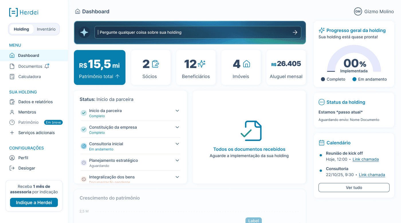 Dashboard do cliente Herdei